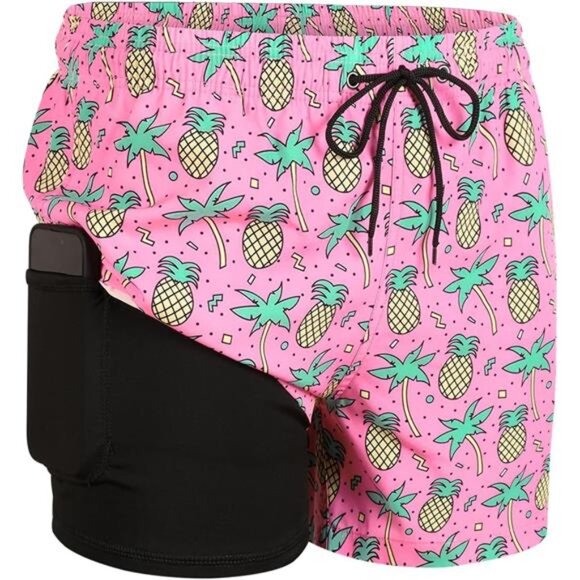Men's Pineapple Swim Trunks with Compression Liner | 5 Inch Board Shorts - Picture 2 of 8